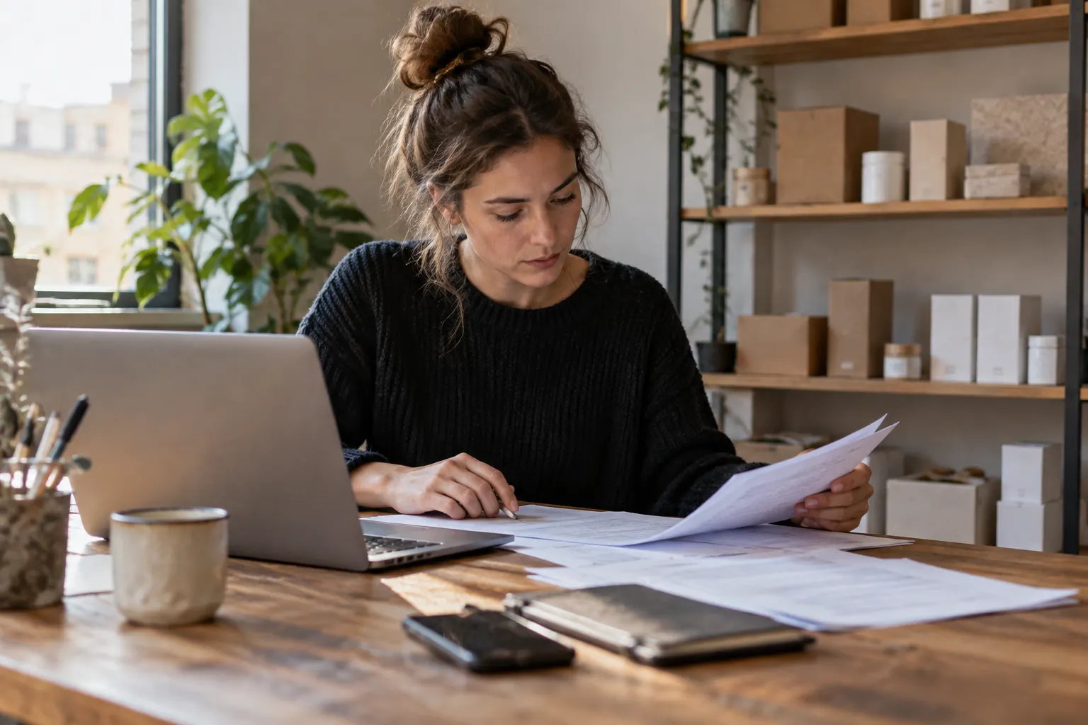 Founder of a European consumer brand reviewing company formation paperwork at a desk with product samples behind