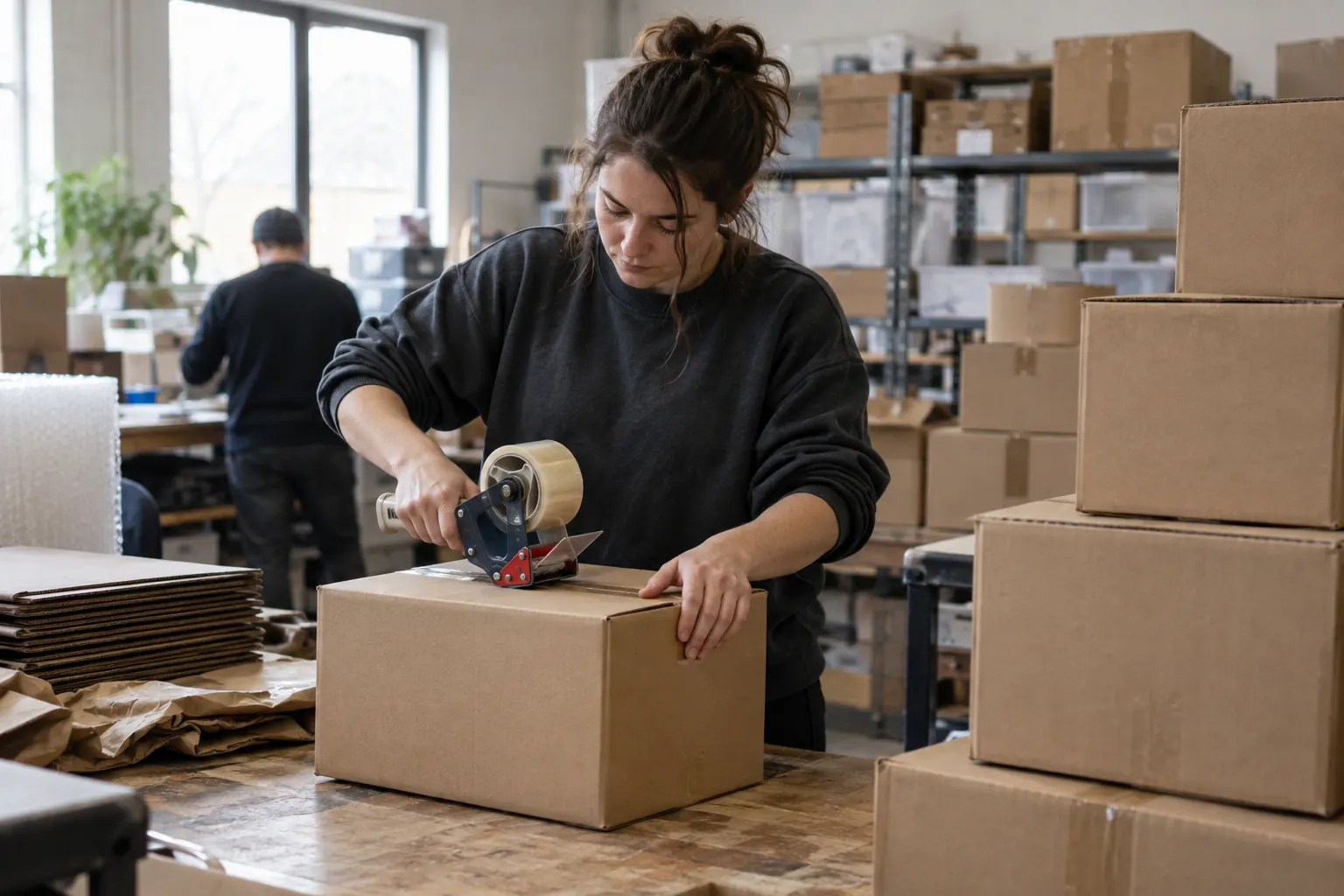 Worker sealing an ecommerce shipping box with a tape gun at a packing station