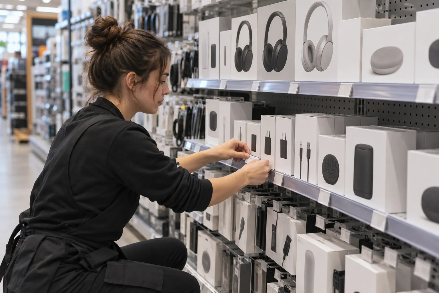 Retail employee attaching shelf price labels under boxed electronics accessories