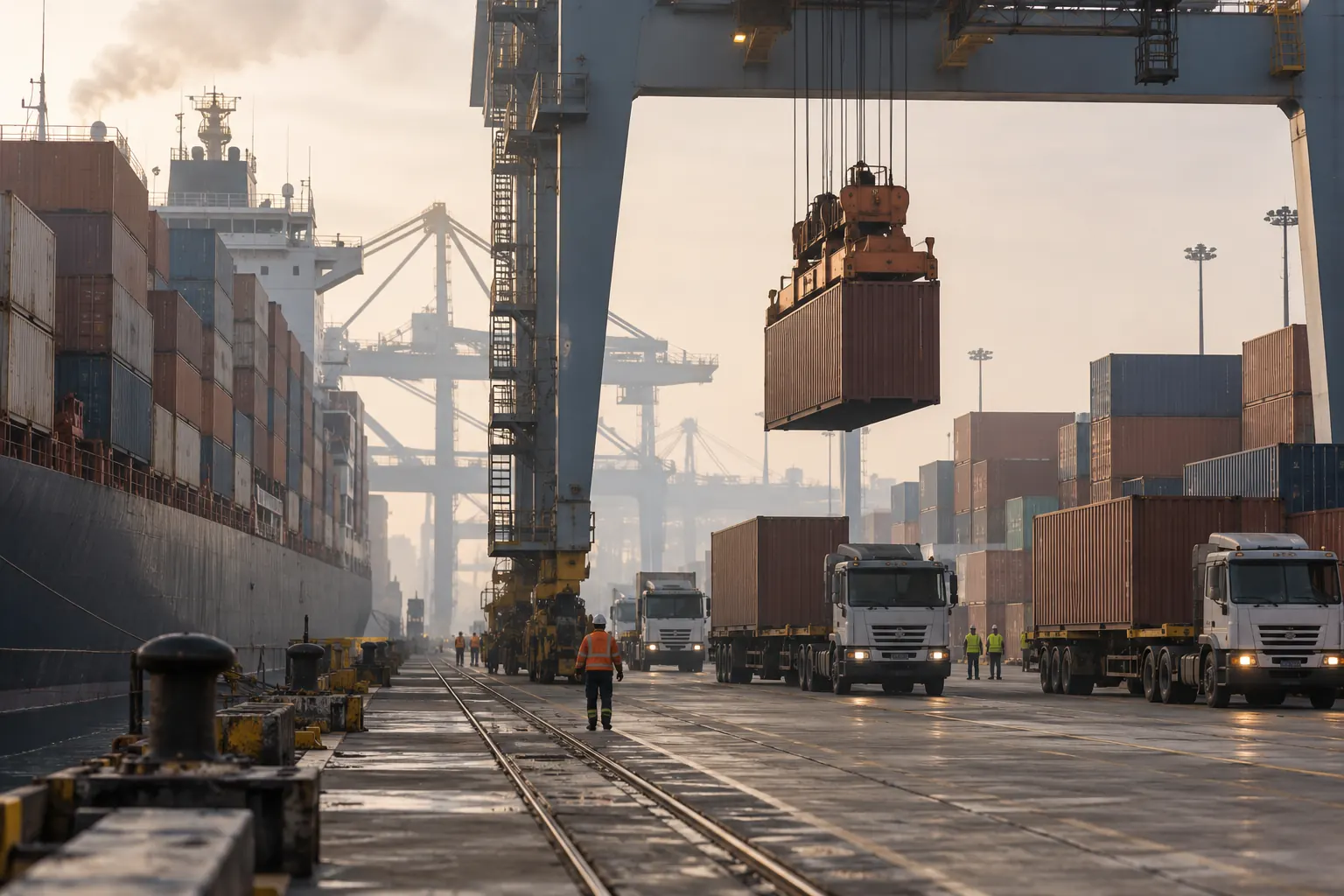 Gantry crane unloading shipping containers at a US container port